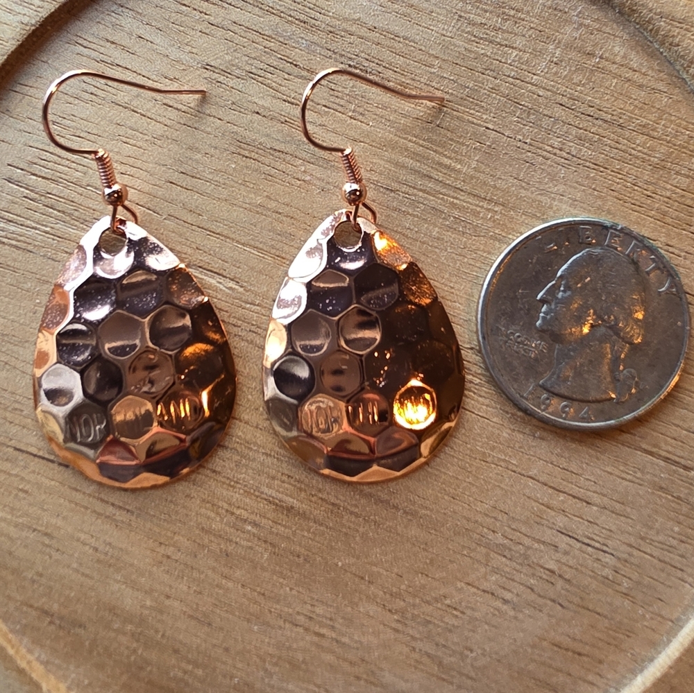 Hammered Copper - Rose Gold Teardrop Earrings On Rose Gold Color Hooks, Handmade